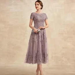 Gelinin elbisesinin vintage kısa annesi 2024 Kepçe Çay Uzunluğu Dantel Aplikler A-line Tül Düğün Konuk Gown Vestido Fiesta Boda Invitada