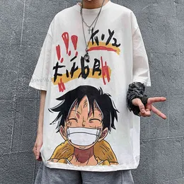 HOUZHOU Летние футболки с короткими рукавами Графическая футболка Белая Haruku Anime One Peace Luffy Мужская одежда Японская уличная одежда Хип-хоп G220512