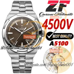 ZF Overseas 4500V Ultra Thin A5100 Automatic Mechanical 41mm Mens Watch Brown Dial Stick Markers Rostfritt stål SS -armband Super Edition T T
