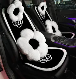 Designer Car Cushion Set Black and White Simple Camellia Car Cushion Winter Plush Seat Flower Cushion Warm Heating Anti freeze Car backrest set