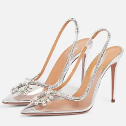 Eilyken Pvc Şeffaf Gümüş Şeffaf Rhinestone Kadınlar Pompalar Moda Slingbacks İnce Topuklu Parti Gelin Düğün Sandalet Ayakkabı 240119