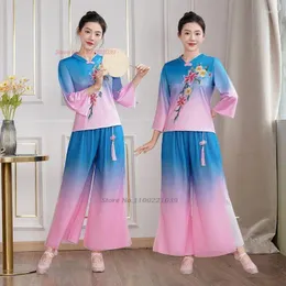 Stage Wear 2024 Chinese Vintage Dance Flower Print Hanfu Topps Pants Set Traditionell Gradient Color Performance Costume