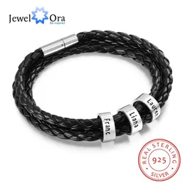 Bangles JewelOra 925 Sterling Silver Personalized Men Bracelet with Custom Name Beads 25 Charms Black Leather Bracelets for Men Jewelry