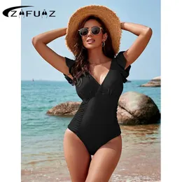 Bär Zafuaz 2023 Solid badkläder Kvinnor V Neck One Piece Swimsuit Summer Beachwear Ruffle Bathing Suit Vintage Tummy Control Monokini