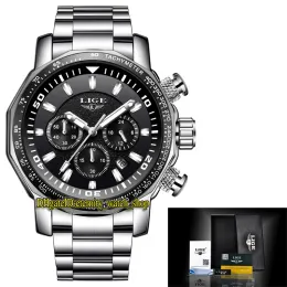 LIGE Eternity LG9871 Orologio sportivo da uomo con data, quadrante nero, puntatore argentato, movimento cronografo al quarzo giapponese VK, cassa in acciaio e acciaio inossidabile