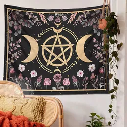 Tapissries Pentakel Moon Tapestry Wall Hanging Botanical Floral Witch Cottage Core Decor Wildflower Rose Hippie Home Living Room Decor