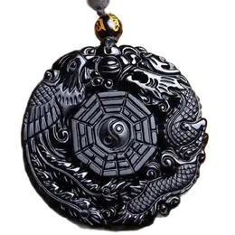 Hängen Volkaniska obsidian Phoenix Dragon Yin Yang Pendant Necklacefree PP/UK Stock