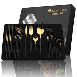 Camp Kitchen 24pcs Czarna rączka Złota Zestaw sztućców ze stali nierdzewnej Knife Fork Spoon Stale Set Festival Kitchen Contact Prezent YQ240123