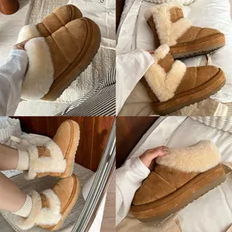 024 منصة المرأة Tazzlita Hardwood Suede Slipper Sheerling Boots Wool Wool Fur Cuff Fur Shoes Sheepesk Slide Booties Australia Snow Boot 35-40