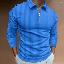 Erkek Polos 2024 Bahar Sonbahar Sıradan Polo T-Shirt Zip-Up Yaka Erkek Giysileri Vintage Çizgili Baskı Uzun Kollu Gevşek Gömlek Erkekler Tops