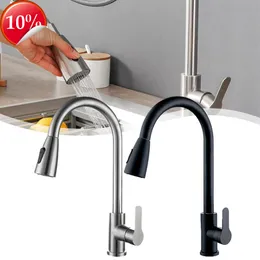 Nova torneira da cozinha pull-out água 2 modos pulverizador 360 rotação misturador de água quente e fria deck montado torneira da pia