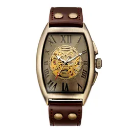 Hollow Wristwatch Yeni Mens Mekanik Hareketi ile Perçinlenmiş Tokalı Aydınlık Sıradan İzleme Mekanik Bilek Saati Moda Erkek Bronz Saat Montre De Luxe Watch