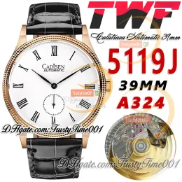 TWF Calatrava 5119J A324 Automatic Mens Watch 39mm Steel Fluted Bezel White Dial Roman Markers Rose Gold Case Leather Strap Super Edition Tr
