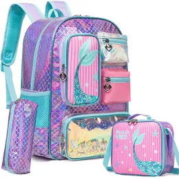 Meetbelify Mermaid Backpack for Girls Bookbag dla dziewcząt z workami na lunch i penbag dla uczniów podstawowych 240119