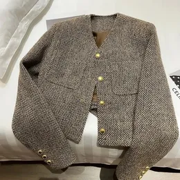 Estilo francês retro simples temperatura feminino lã topo pequeno perfume cardigan 2024 outono manga longa casaco feminino 240123