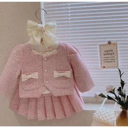 "Adorabile completo in tweed per bambina con gonna rosa principessa a maniche lunghe e giacca con fiocco - Perfetto per l'inverno e l'autunno, ideale per le feste di compleanno!"