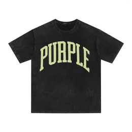 Men's T Shirts Purple Brand T-Shirt Mens Street Fashion Letters Tops Short Sleeved Washed Distressed Letter Print Loose Tees