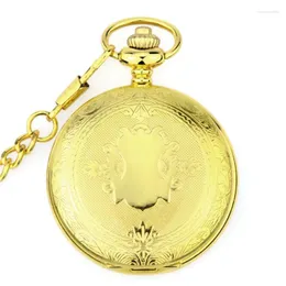 Relojes de bolsillo con caja tallada en flor dorada, esfera negra, número árabe, cuerda a mano para hombre, reloj con movimiento mecánico con cadena Fob para regalo