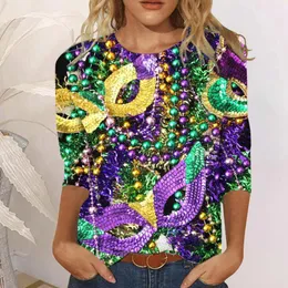 Koszulki kobiet T-shirt mardi gras trzy ćwierć rękawowe nadruk karnawałowy okrągły festiwal graficzny festiwal top ropa mujer