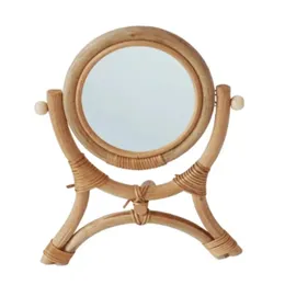 거울 손으로 직조 테이블 메이크업 거울 스탠드 랙 천연 등나무 레트로 데스크탑 거울 수직 플립 수제 라운드