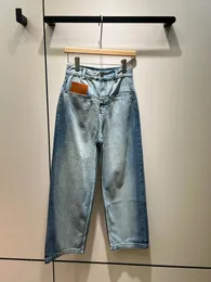 Kvinnors jeans 2024Heavy Washing Water Vintage Leather One Line Bag Design Hög midja breda ben Tvätt Mandarin Duck Color8.10