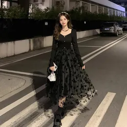 Vestidos casuais preto vestido floral mulheres gótico doce princesa projetado chique outono gracioso vintage estética definida a linha midi na moda