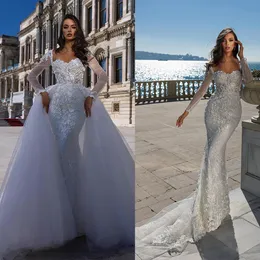 Romantische Meerjungfrau Brautkleider Spitze Applikationen Hochzeitskleid nach Maß mit Überröcken Sweep Länge Braut Kleider Vestido de Novia