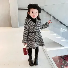 Winter British style women's wool long coat trench jacket Korean version women's plain waistband children's clothing 2-12 years old 240123