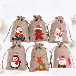 Present Wrap Christmas Burlap Linen DString Bag Wraps Santa Claus Snowman Penguin Elk Candy Jewelry Packaging Presentförvaringspåsar Xmas Dhxji