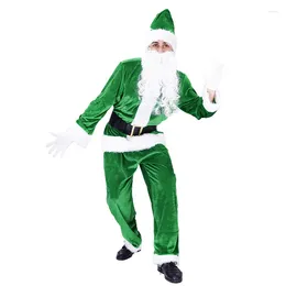 Herrspårsperioder xingqing Santa Claus Costume för män Grön ärm Tops Pants Hat Set med vita skägghandskar Black Belt Outfits