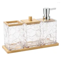 Set di accessori da bagno Portaspazzolino da bagno con vassoio Dispenser di sapone in bambù Scatola di bastoncini di cotone Acrilico trasparente