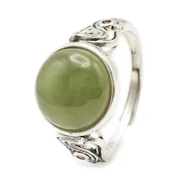 Ringe Echter Hetian-grüner natürlicher Jadestein, runder Cabochon-Ring, Meereswelle, 925er Sterlingsilber, antiker Replik-Schmuck für Damen und Herren