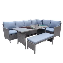 Patio Furniture Set, 4 Piece Outdoor Patio Rattan Corner Sofa Set, 9 Seater PE Rattan Wicker Dining Table Set with Tempered Glass Table, Conversation Sofa Sets