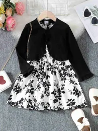 Girl's Dresses 2-7Years Kid Girl 2PCS Clothing Set Black Knitted Overcoat+Floral Print Sleeveless Dress Fashion Personal Style Daily Party Wear