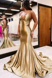 Goldfarbenes Meerjungfrau-Abschlussballkleid mit V-Ausschnitt, Trompeten-Abendkleid, formelles Abend-Partykleid, Schnürung am Rücken