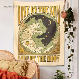 Tapissries Sun Moon Cat Tapestry Wall Hanging Tarot Retro Black White Cat Psychedelic Love Star For Living Room Home Dorm Decer Tyg gåva