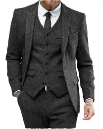 Men's Suits Grey Tweed For Men Slim Fit Formal Herringbone Groom Vintage Wedding Tuxedo Casual Business Jacket Vest Pants 3 Pieces Set