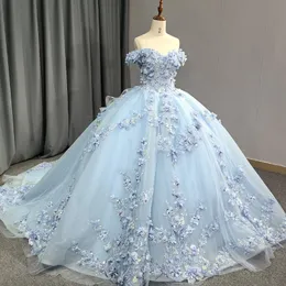 Himmelblaue Vestido De XV Anos Schulterfreie Quinceanera-Kleider 2024 Sweet 15 Prom-Kleider, Applikationen, Spitze, Perlen, Blumenfestzug-Kleid