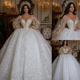Stunningbride 2024 Dubai A-Line Ball Gown Wedding Dress Long Sleeve 3D Flower Lace Luxury Bridal Gowns Crystal Beads Bride Dresses