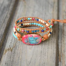 Armbänder Neues BOHO-Lederarmband BlauRosa Stein 3 Wickelarmband Steinarmband verstellbar