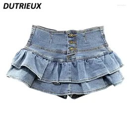 Etekler harajuku kızlar yaz seksi kot pantolon etek yüksek belli tek göğüslü fırfırlar kek denim kadın öğrencileri Kawaii Pleated