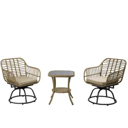 3 szt. Zestaw Bistro Bistro Balcony, 360 ° Obrotowe krzesła patio z miękkimi poduszkami, szklany stolik, patio na każdą pogodę w wiklinowych meblach
