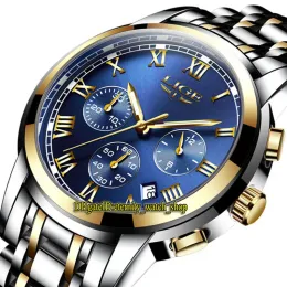 Lige Eternity 9810 Sport Mens Watch with Date Blue Dial、Japan VK Quartz Chronograph Movement、Steel Case、Gold Bezel、Two Tone StainlessMe