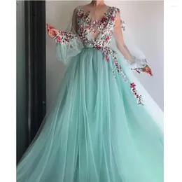 Party Dresses Jiayigong Fairy Light Mint Green Tulle 3D Flowers Evening Puff Longeple One O-Neck Vintage Prom Bowns