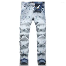 Herr jeans trend tryck blå rak ben 2024 Mid-midjig smal stretch casual byxor hiphop denim