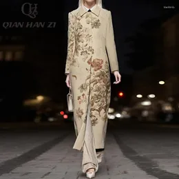 女性のトレンチコートQHZデザイナープリントファッションコート女性ラペル長袖ハイスリットスリムな花の贅沢ヴィンテージ