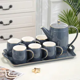 Teaware Set Ceramictea Set Light Luxury Living Room TEAPOT CUPS Golden Rim Pure Color Vintage European Tray Bardak Seti Tea Service EI80TS