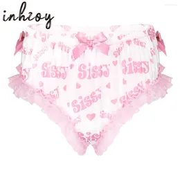 Cuecas Sissy Gay Masculino Lingerie Calcinhas Nightwear Sexy Brilhante Cetim Ruffled Lace Bowknot Crossdress Knickers Bloomers Briefs Underwear