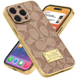 Designer Phone Case Compatible with iPhone 11-15 Serials Luxury Aesthetic Classic Pattern Leather Back Cover Soft Frame Metal Nameplate
