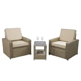 3 Pieces Patio Furniture Set, Rattan Wicker Furniture Set with Soft Cushion, Glass Top Table with Ice Bucket, 2 Seater Rattan Armchair Conversation Bistro Set